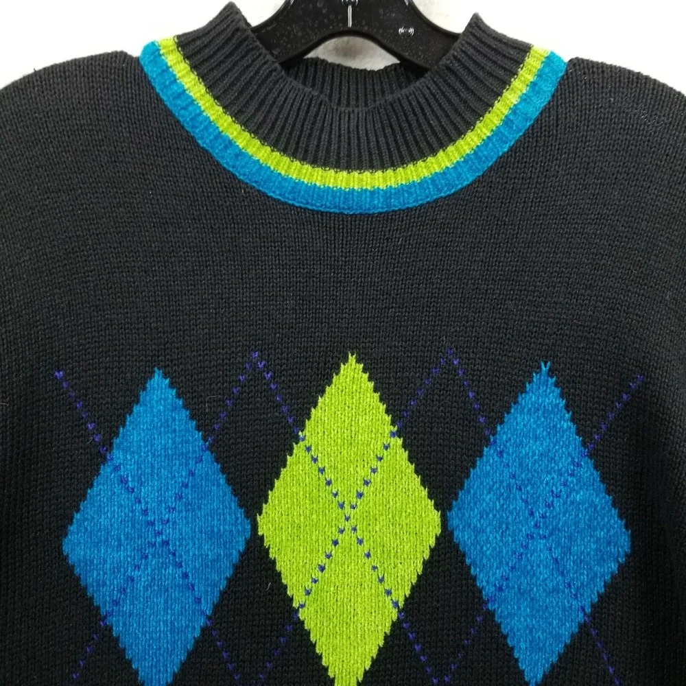 Vintage Sweater Women L‎ Black Argyle Moch Neck Chenille Trim Oversized Tunic